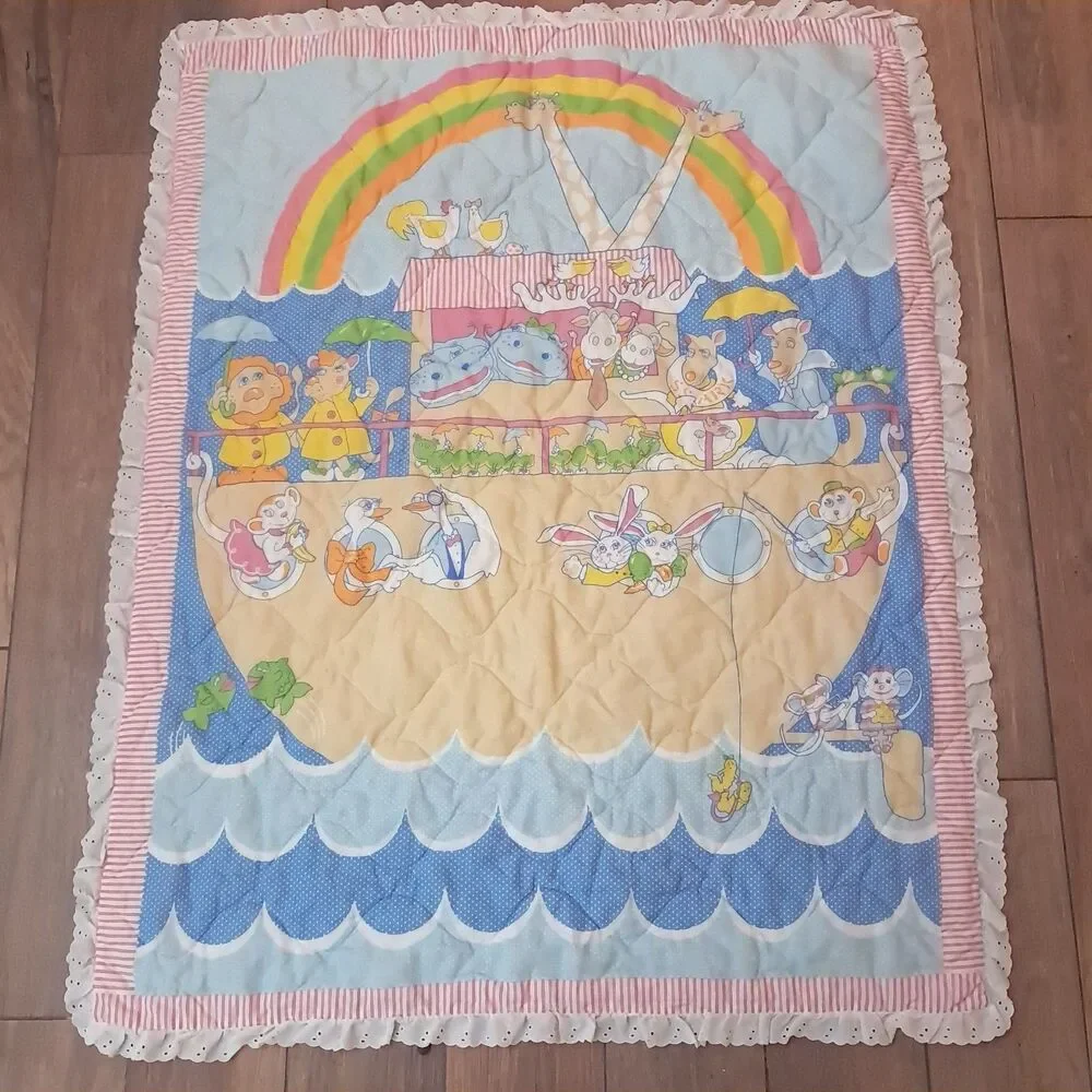 Noah's Ark Baby Blanket quilt pastel animals SS ARK rainbow Nursery Vintage